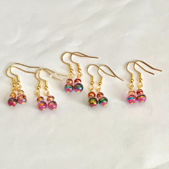 Pink Aqua Blue Murano Glass Earrings Bead Hand Painted Round Gold Plated Dangle - Picture 7 of 13